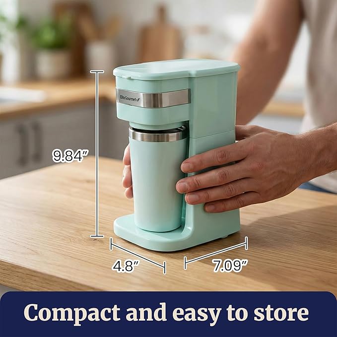 Elite Gourmet EHC113M Personal Single-Serve Compact Coffee Maker, Mint | Includes 14oz stainless steel interior thermal travel mug, reusable filter - compatible with coffee grounds