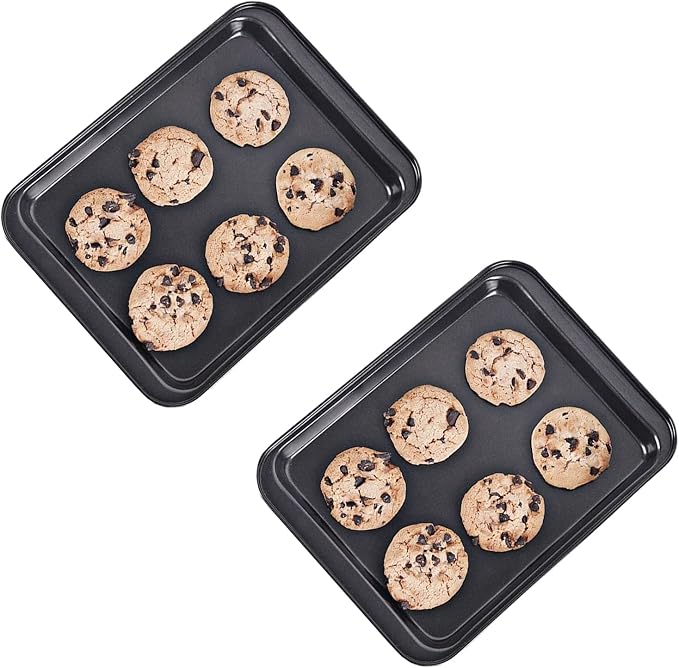 Small Baking Sheet Nonstick 9.45 X 7.09 Inch (Inner 7.5x6), 8 Inch Mini Cookie Tray Toaster Conventional Oven Pan No Warp No Rust Magnetic Bakeware for 1 to 2 person 2 Pack | Carbon Steel, Mini Pan, 1- 2 Person Use, Reheat Food, No Warp, Easy Clean, Sa...