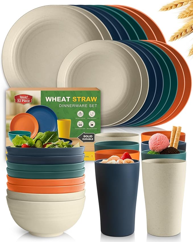 Teivio 32-Piece Plates and Bowls Sets for 8,Colorful Kitche Dinnerware Sets | 13.5oz Cups, Plastic Wheat Straw Unbreakable Dish Set, Dishwasher Safe, for Outdoor Camping RV Apartment Essentials Plate Set