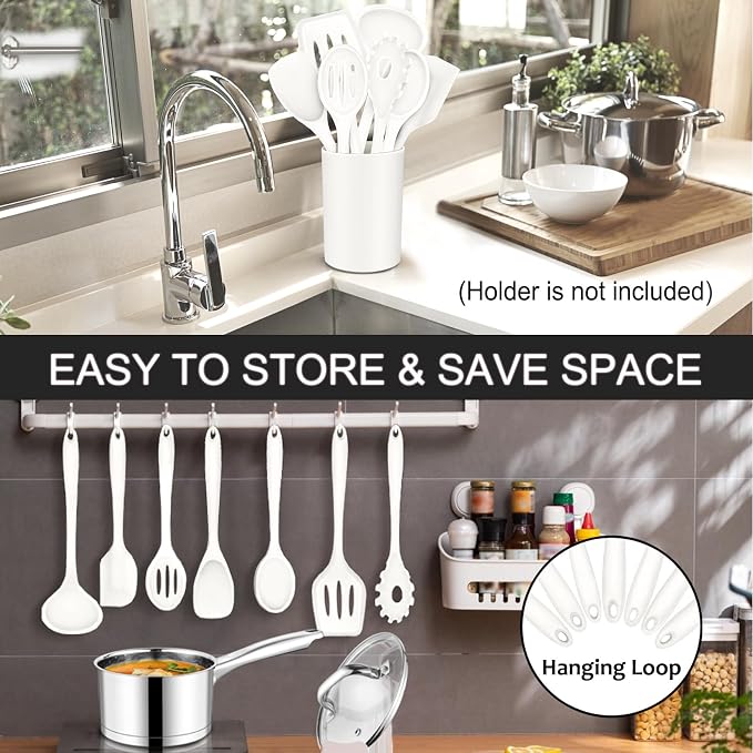 P&P CHEF White Kitchen Utensils, Silicone Cooking Utensil Set of 7 | Soft Spatula for Nonstick Cookware, Slotted Turner, Soup Ladle, Pasta Server, Spoon for Cooking, Dishwasher Safe & Heat Proof