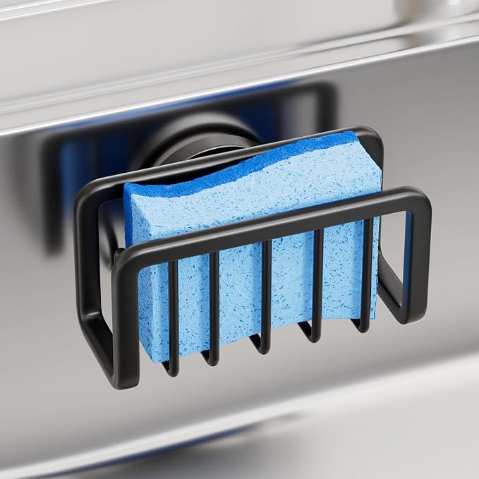 TAILI Black Sponge Holder for Kitchen Sink with Strong Suction Cup | Removable Sink Caddy for Kitchen Sink Oganizer, Rustproof Aluminum Sink Sponge Holder for Scraper Brushes, Stoppers