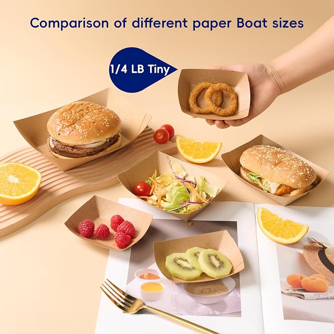 1/4lb Paper Food Tray 250 Pack Disposable Food Serving Boats | Small Paper Food Holder Boats for Gameday Party Snacks Nachos Hot Dogs Taco French Fries BBQ Party