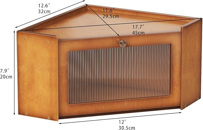 Trironsun Corner Bamboo Bread Box for Kitchen Counter Large Capacity Rustic Bread Storage Container with Wavy Arcylic Transparent Door Vintage Storage for Homemade Bread (Brown)
