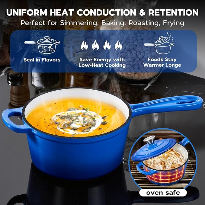 Onader 2 Quart Enameled Cast Iron Saucepan, Small Cast Iron Sauce Pan Pot for Cooking, Enamel Dutch Oven Kitchen Pot – Deep Blue