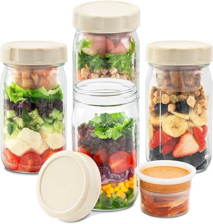 SOLIGT 4 Pack Glass Salad Jars with Lids Meal Prep, Leakproof Container for Lunch, Two Small Built-in Boxes with Wet/Dry Separation for Salad Dressing and Dry Ingredients, 32oz Mason Jars | 4 Apricot White Lids, Leakproof, Two Small Built-in Cups for S...