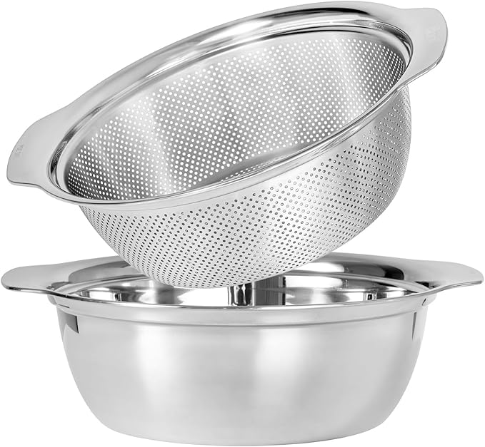 Paoli 304 Stainless Steel Fine Mesh Colander Set, 3.5QT Large Capacity Strainer with Mixing Bowl — Rinse Fruits, Veggies, Rice & Drain Pasta, Dishwasher Safe (2-Piece)
