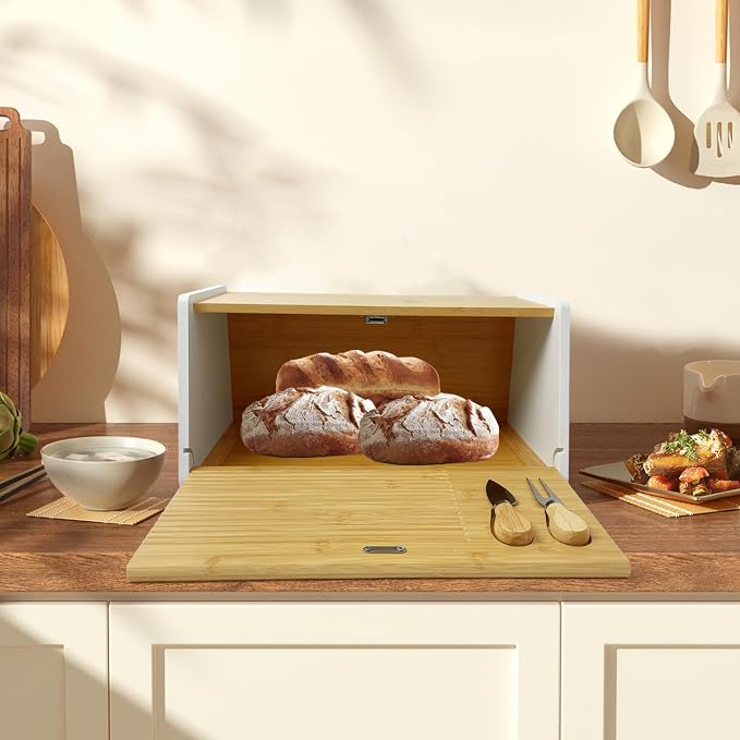 MinBoo Bamboo Bread Box for Kitchen Countertop with Cutting Board & Knife, Bread Storage Container Bin, Bread Container for Homemade Bread Wooden Bread Storage Capacity