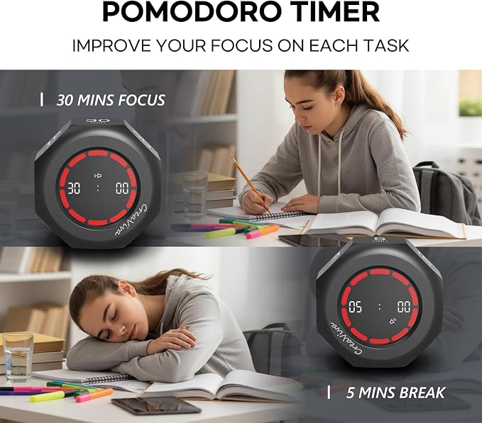 Flip Cube Pomodoro Timer - Rechargeable Visual Countdown & Count Up Stopwatch, 7 Preset Intervals, 3 Alarm Modes, Productivity Tool for ADHD, Kids, Study, Work & Kitchen (Gray)