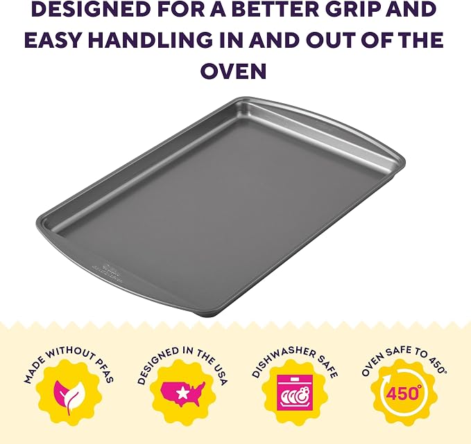 Wilton Gold Non-Stick Large Cookie Sheet, Made Without PFAS, 17.25x11.5 in. | Non-Stick Steel with Scratch-Resistant Coating, Resists Warping & Extended Handles, Dishwasher Safe, Perfect for Cookies