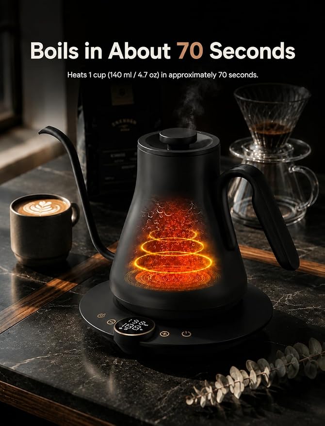Cocinare Gooseneck Electric Kettle, ±1°F Precise Temperature Control, 1500W Fast Heating, Pour Over Coffee & Tea Kettle with Brew Timer & Keep Warm, Stainless Steel, 0.9L (Matte Black)