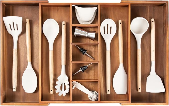 Utensil & Junk Drawer Organizer, 16-28 in, Acacia | Food-safe contract grade, 100% sustainable wood, non-slip, adjustable