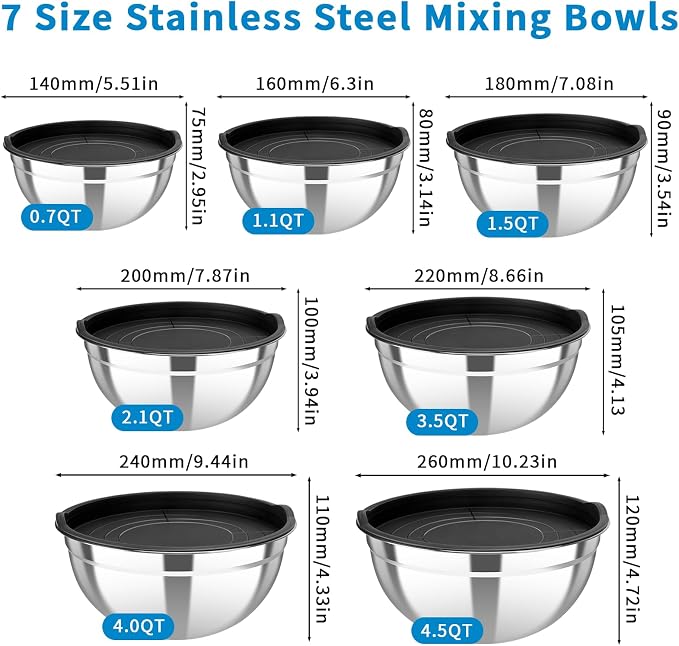 7 Pack Stainless Steel Mixing Bowls with Airtight Lids Set | 4.5qt, 4, 3.5, 2.1, 1.5, 1.1, 0.7QT, Nesting Design Metal Mixing Bowls Salad Bowl for Mixing, Prepping and Serving Food