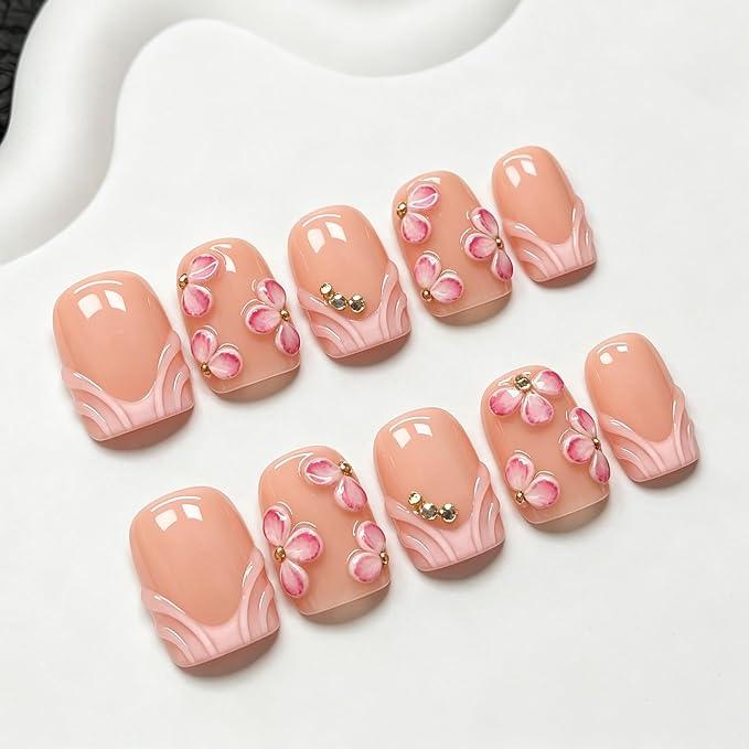 Gradient Flower Press on Nails Handmade Salon Quality Fake Nails with Colorful Rhinestone Designs Full Cover Romantic Short Square Stick on Nail Pink French Tip Acrylic Nails for Women (M)