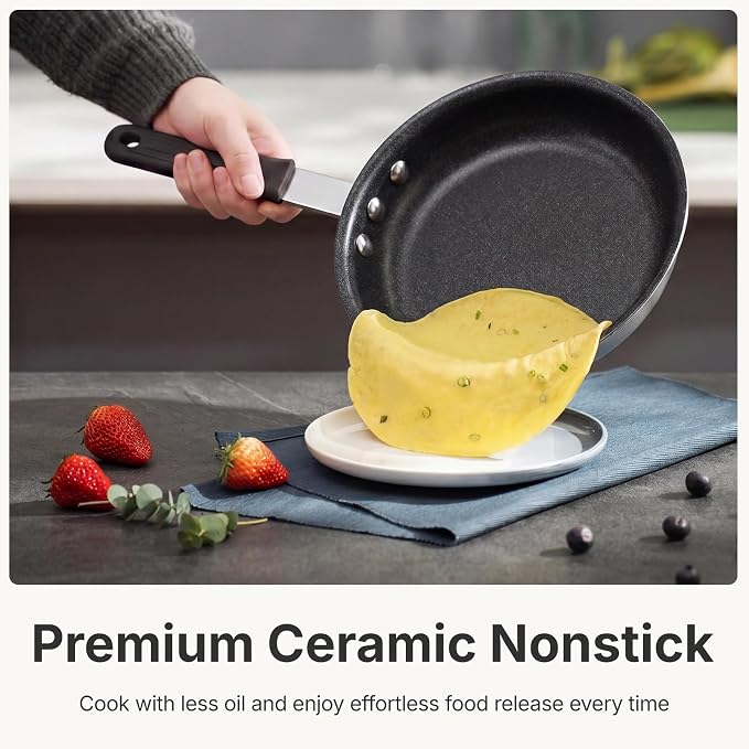 NEWBULIG Nonstick Frying Pan, 8 Inch Heavy-Gauge Aluminum Skillet with Ceramic Nonstick Coating & Stainless Steel Base for Induction, Electric, Gas, Oven Safe, Black Hanging Handle | Aluminum body even heating, steel handle silicone grip, oven safe 392...