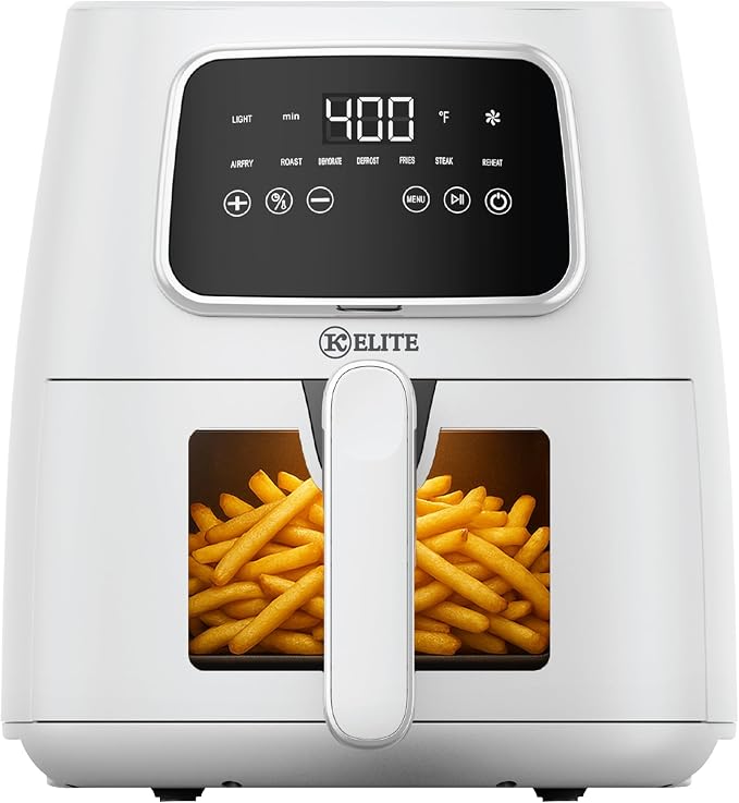 Kitchen Elite 5.5 Qt. Digital Air Fryer, Countertop Cooker with LED Screen, Presets for Air Fry, Roast, Dehydrate, Defrost and Reheat, White