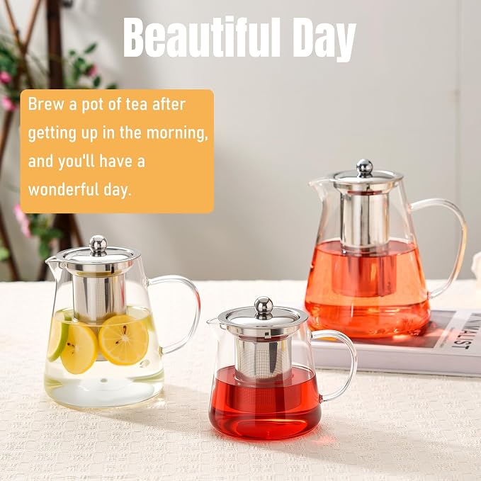 Baalaka Tea Infuser Pot, 32 oz Clear Borosilicate Glass Kettle, Stovetop | Removable 18/8 stainless steel strainer handles loose leaf, fruit or herbal blends; wide mouth and angled spout ease use