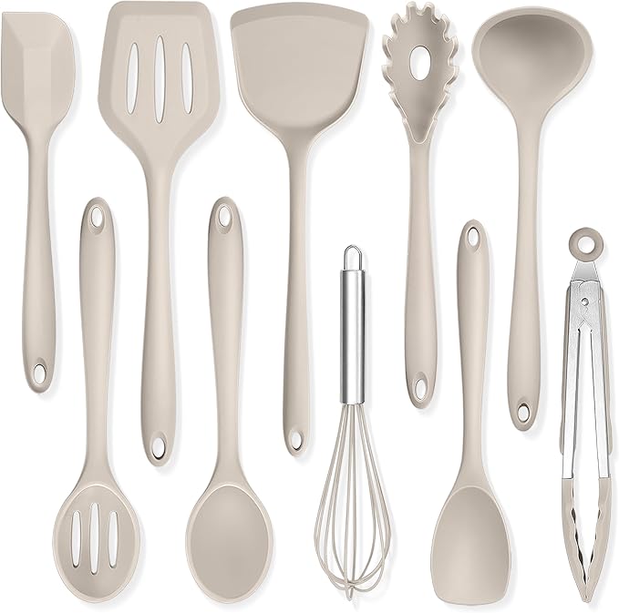 TeamFar Silicone Cooking Utensils, 10 pcs Kitchen Cooking Utensils Set | Heat Resistant Kitchen Gadgets Tools Set w/Spatula, Turners, Spoons, Soup Ladle, Pasta Server for Nonstick Cookware, Khaki