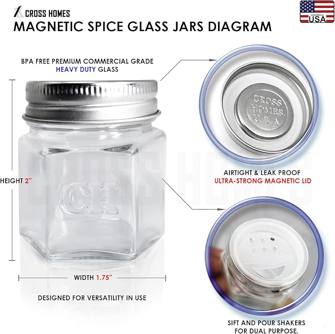 30 Set Magnetic Spice Jars for Refrigerator Hexagon Glass Spice Jars with Magnetic Lids, Shaker, Spice Labels, Magnetic Glass Spice Containers for RV Travel Trailer Kitchen Fridge Cabinet Wall mount