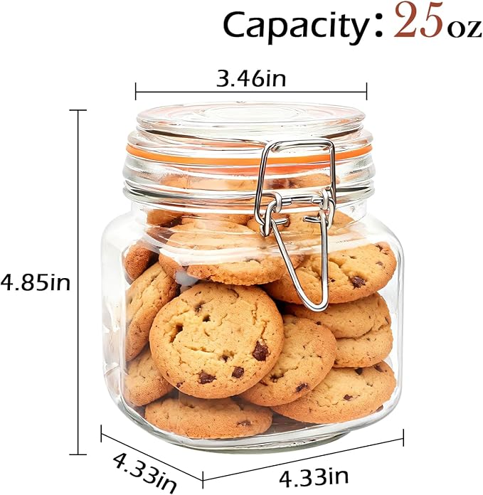 25 oz Glass Jars With Lids, 6 Pack Airtight Pickling Jars | Leak Proof Rubber Gasket, Wide Mouth Food Storage Jars for Kitchen, Pickles, Jam, Overnight Oats, Snacks