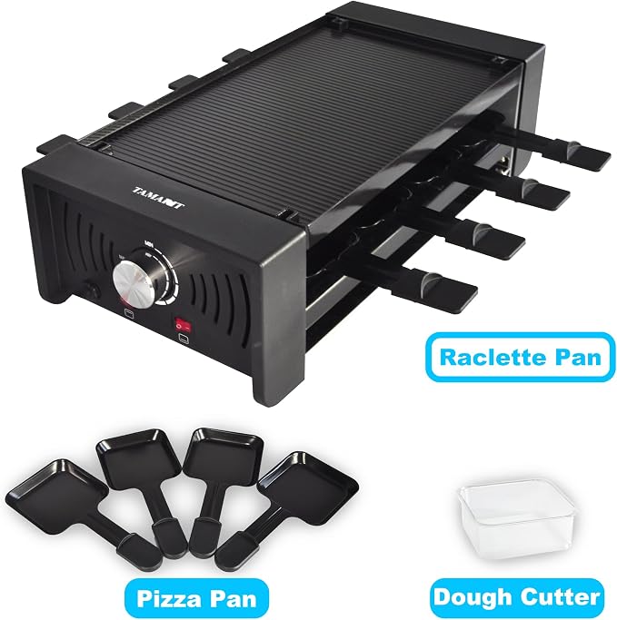 TAMARIT Raclette Party Grill, Indoor Electric Table Grill | Raclette Maker, Cast Aluminum Grill Plate, 8 Cheese Trays, 4 Pizza Pans, Dual Heater, for Family Gatherings and BBQ Parties