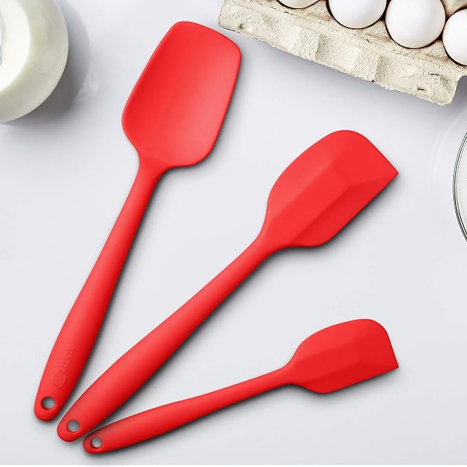 3-Piece Silicone Spatula Set, 600°F Heat Resistant, Red | Stainless Steel Core, Silicone Rubber Spatulas for Nonstick Pans, Spatula, Spoonula and Mini Spatula for Cooking and Baking