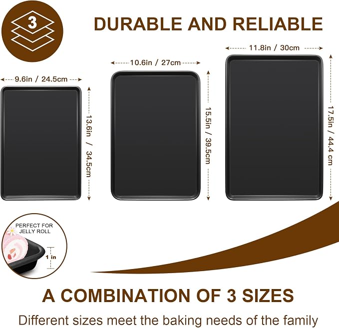 Baking Sheet Pan Set of 3, Nonstick Commercial Cookie Sheets for Baking | Commercial Half/Quarter/Jelly Roll Pans Replacement Toaster Oven Tray, Heavy Duty & Easy Clean