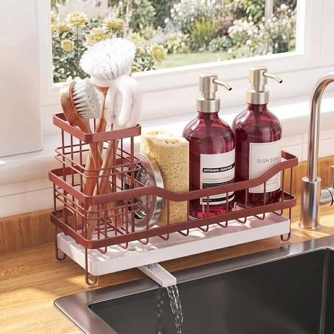 Sink Caddy, Sponge Holder for Kitchen Sink, Brown | Self-draining Sink Organizer with Removable Brush Holder, Metal Sponge Rack for Countertop, Fits Soap Dispenser & Scrubber