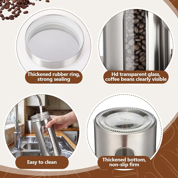 Stainless Steel Coffee Grounds Canisters Container with Shelf | 2 x 50oz, Sugar Coffee Bean Storage Container Set, Airtight Threaded Lid, Glass Window, Scoop, Kitchen Jar for Coffee Bar