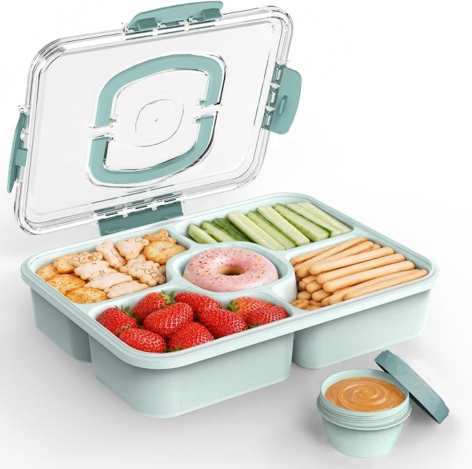 Large Snackle Box Container with Dip Container, 5 Compartments Snack Container with Lid and Handle, Veggie Fruit Divided Serving Tray for Party, Picnic, Dishwasher Safe, BPA-Free