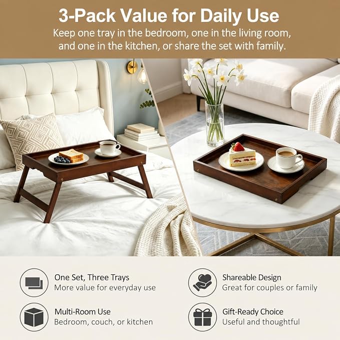 Large Bamboo Bed Tray Tables with Folding Legs, 3 Pack, Vintage | 3 large vintage bamboo bed trays with folding legs, raised edges and side grips for meals, laptops, snacks and serving.