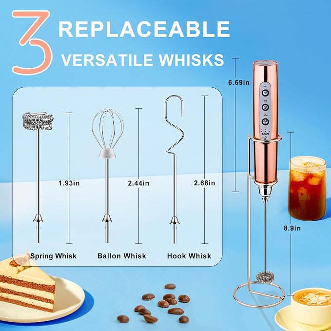 YUSWKO Handheld Milk Frother Wand for Coffee, Rechargeable Electric Whisk with 3 Heads 3 Speeds Drink Mixer Coffee Frother For Latte, Cappuccino, Hot Chocolate, Egg, Rose Gold with Holder