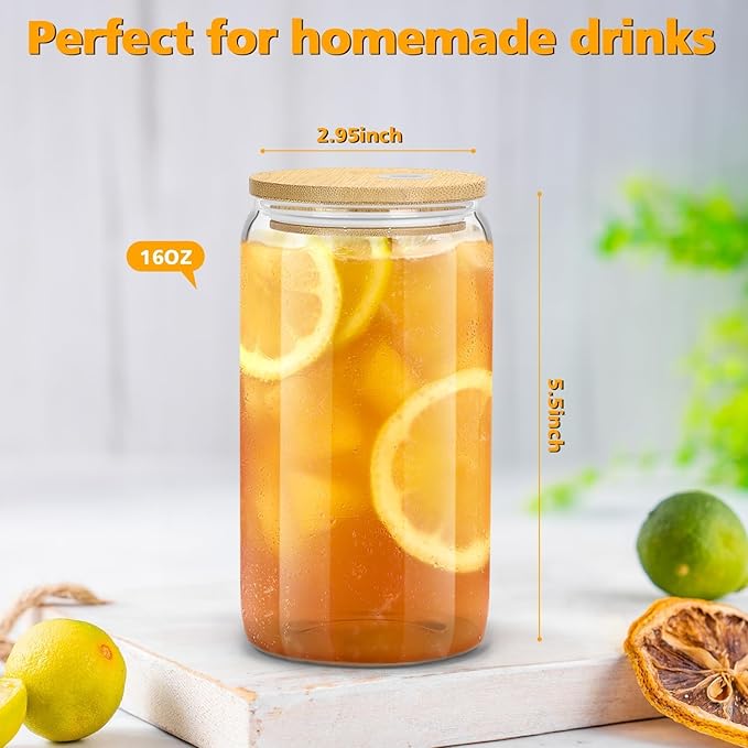 sungwoo 2PCS Glass Cups with Bamboo Lids and Straws, 16OZ Ice Coffee Cup, Drinking Cup set with Wooden Lids, Home Essential Glass Tumblers for Beer, Cocktail, Tea and Latte Clear