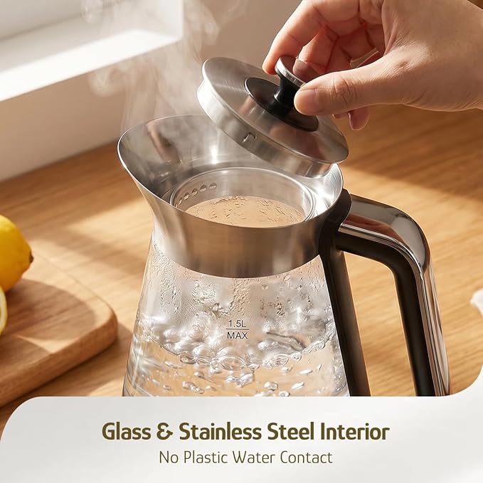 Hazel Quinn Glass & Stainless Steel Electric Kettle, 1.5 Liters Tea Kettle | Quiet Boil, ±1°C Temp Control, 24H Keep Warm, Anti-Residue Bottom, Auto Shut-Off, BPA-Free Hot Water Kettle, 1000W Fast Boil
