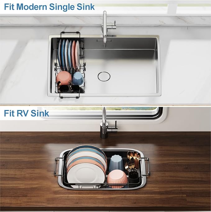 Small Sink Dish Drying Rack - 9" W Expandable for RV Apartment | Twist-Lock Adjustment, Removable Utensil Holder, Handles with Non-Slip Beads, Rust-Resistant, Space-Saving for Kitchen