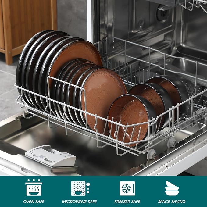 vancasso Plates and Bowls Sets, 18 Pieces Stoneware Dinnerware Sets for 6, Kitchen Dish Set Mircowave and Dishwasher Safe Ceramic Dishware, Dark Brown, Series AMBER