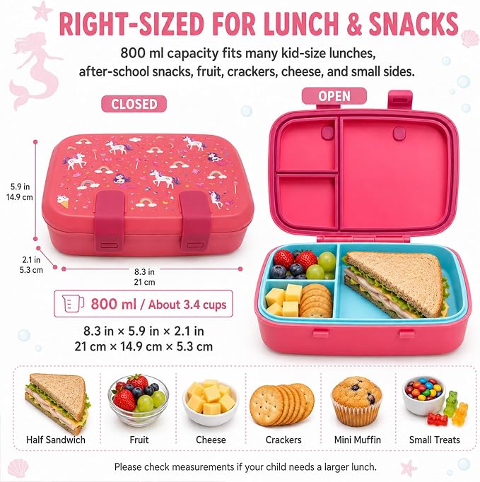 MISS BIG Microwave Safe Bento Box for Kids, Pink Mermaid Unicorn, 800ml | Kids lunch box with 3 compartments for preschool, daycare, school meals, snacks, and everyday kid portions