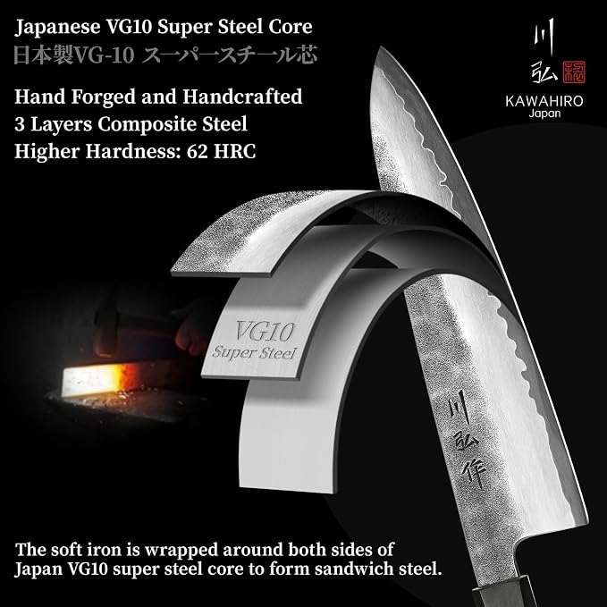 Japanese Hand Forging Chef Knife, Professional Handcrafted 8 inch Kitchen Knife, 3 Layers Japan VG10 Super High Carbon Steel Chef's Knife, Ergonomic Handle Grip and Gift Wood Box