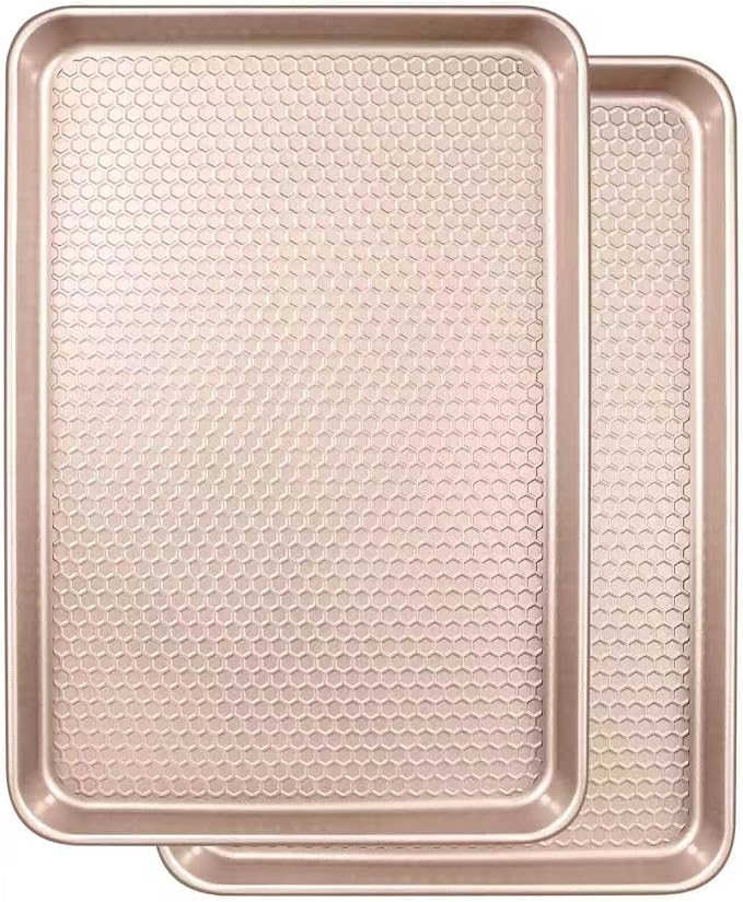 Wildone Baking Sheet Pan Set of 2, Honeycomb Embossed Nonstick Cookie Sheet | Thicker Carbon Steel Jelly Roll Pan Oven Tray 15x10 Inch, Heavy Duty & Easy Clean, Rose Gold