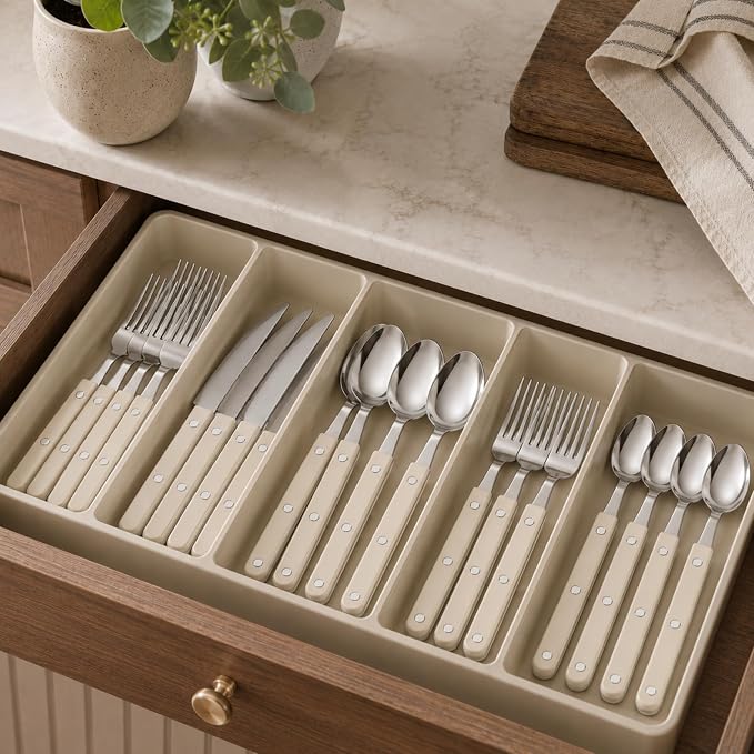 Khen Cutlery Set of 20, 18/8 Stainless Steel Flatware, Modern Silverware for Home, Kitchen, Dining & Table Setting for 4 – Stainless Steel, Dishwasher Safe, Lightweight & Ergonomic Design Gift - Cream