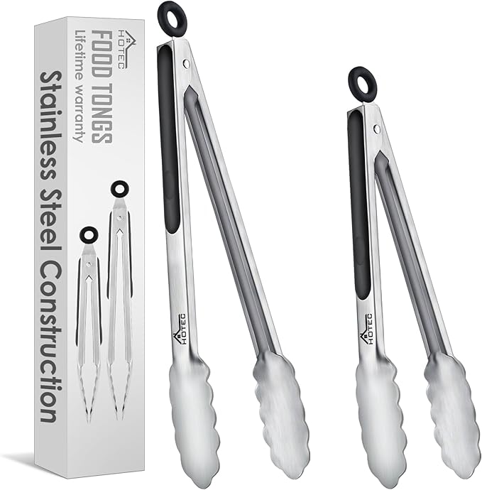 Hotec Stainless Steel Kitchen Tongs, Locking Metal Food Tongs for Cooking, Serving, BBQ, Grill & Air Fryer with Non-Slip Grip, Set of 2-9" and 12"