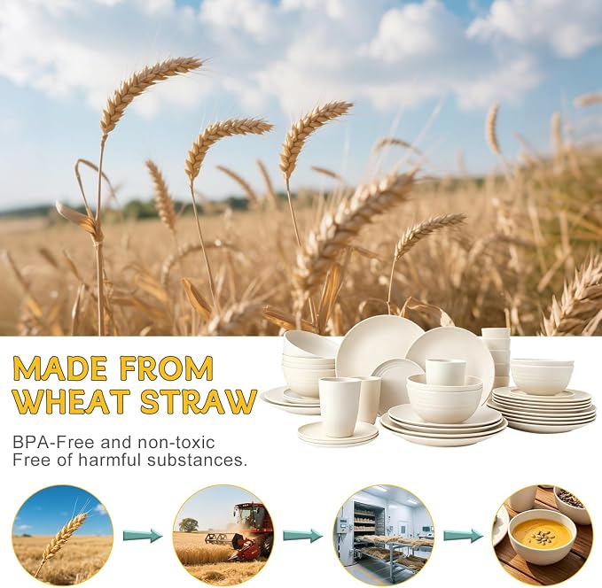 PYRMONT 40 PCS Dishes Set Wheat Straw Plates and Bowls Set Service for 8 Unbreakable & Lightweight Dinnerware Set Microwave & Dishwasher Safe for Apartment,Camping,Kitchen-Beige