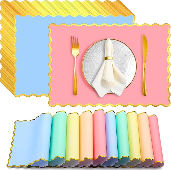 FoldTier 150 Pcs Disposable Paper Placemats Bulk 10"x14" Rectangle Place Mats with Scalloped Edges Dining Table Mat for Wedding Birthday Party Table Decoration(Multicolor)