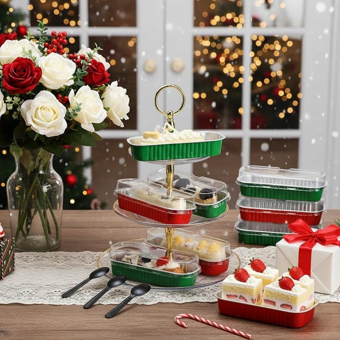 30 Pack 6.8oz Christmas Green Disposable Rectangular Aluminum Foil Mini Loaf Pans with Lids,Mini Cake Pans for Baking, Loaf Baking Pans, Small Individual Containerfor for Patrick’s Day Party Picnics