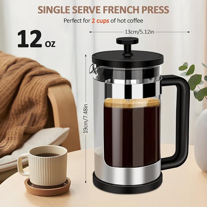 RAINBEAN French Press Coffee Maker 12 Oz, Mini Coffee Press 1 Cup, Single Serve French Press, With 3 Filterations, Heat Resistant Thickness Borosilicate Glass, Coffee Brewer Tea Press