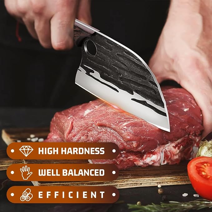 Huusk Meat Cleaver Knife with Sheath, Hand Forged Chopping Butcher Knives | Heavy Duty Serbian Chef Knife for Meat & Bone Cutting, Full Tang Ergonomic Wood Handle, BBQ Camping Gift for Men & Dad