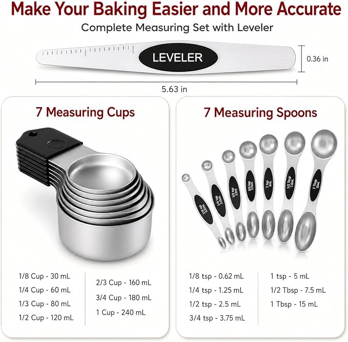 Magnetic Measuring Cups & Spoons Set|304 Stainless Steel Dual Scale Set of 15, Strong N52 Magnetic Nesting Design with Leveler, for Dry&Liquid Ingredients, Dishwasher Safe(Black)