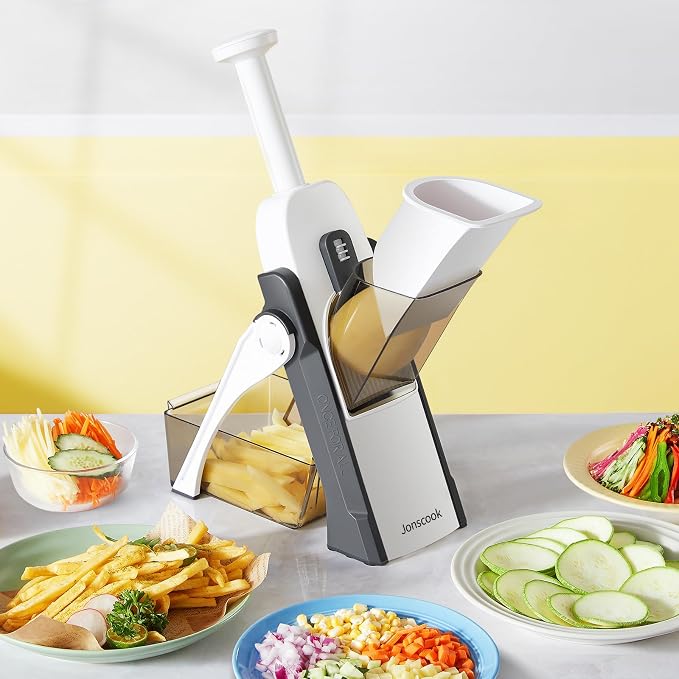 Safe Mandoline Slicer for Kitchen, 5 in 1 Multi Food Chopper, Potato Slicer | Adjustable Thickness 0.1-8 mm, Vegetable Chopper Cutter, Food Chopper French Fry Cutte, Paring Knife/Cleaning Brush, Mandolin
