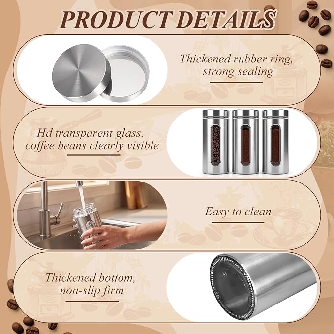 Stainless Steel Coffee Grounds Canisters Container with Shelf | 3 x 50oz, Sugar Coffee Bean Storage Container Set, Airtight Threaded Lid, Glass Window, Scoop, Kitchen Jar for Coffee Bar