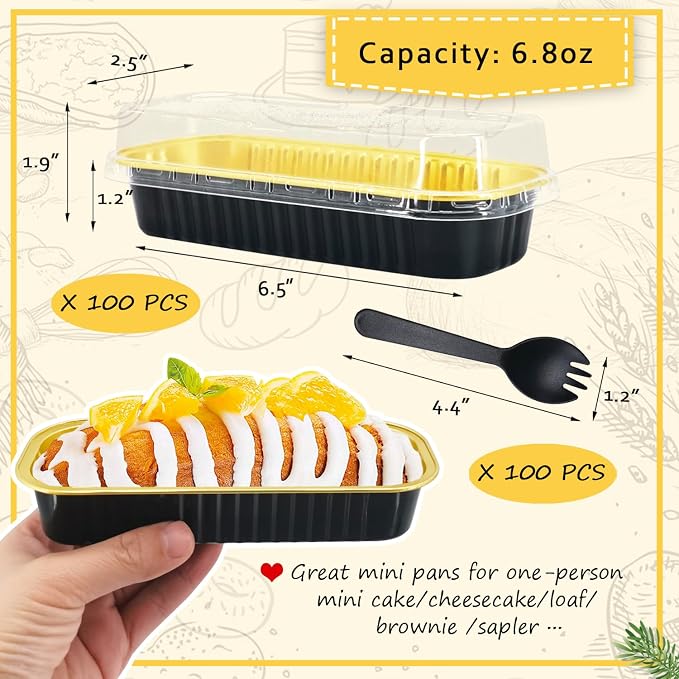 LNYZQUS Mini Loaf Pans with Lids 100 Pack, Small Foil Cake Tins | 6.8oz Rectangle, Black, Disposable Aluminum Baking Cups, Individual Dessert Containers for Bakery Bake Sales
