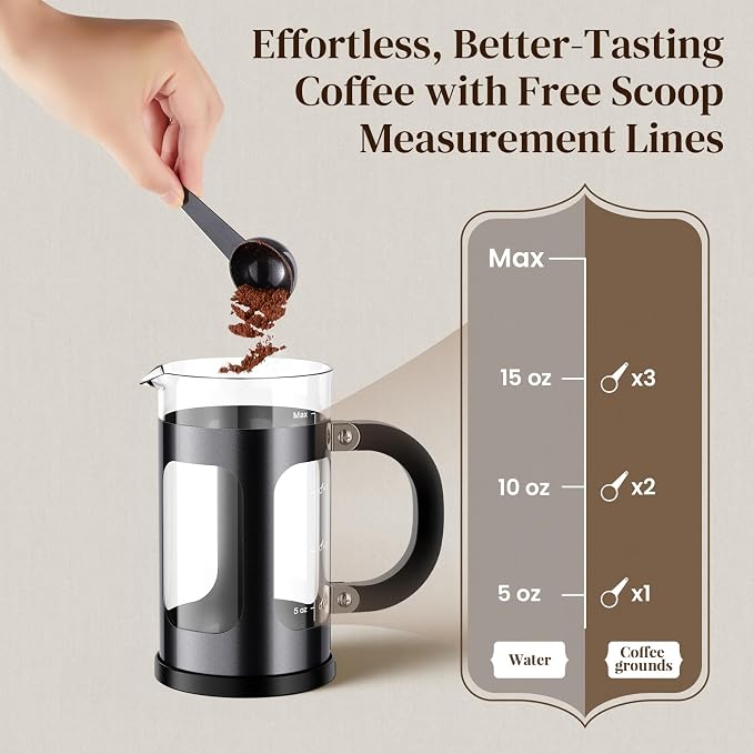 Veken French Press Coffee Maker,No Plastic Touches Cafe,21oz 0.6L Small Pot | Heat Resistant Thickened Borosilicate Glass Stainless Steel Brewer, Single Serve,Kitchen,Travel,Camping,Tea,Gifts,Dark Pewter